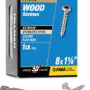 Power Pro 48619 Wood Screws, #8 x 1-1/4", Premium Stainless Marine Screws, Rust Resistant, Stainless Steel, 1lb Box, 242 pcs (Silver)