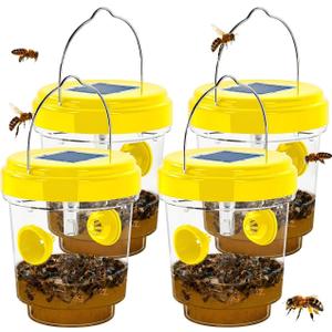 Wasp Traps Outdoor Hanging, Solar Bee Trap for Outside, Reusable Solar Powered Hornet Traps, Bee Wasp Catcher Outside Garden 4 Packs