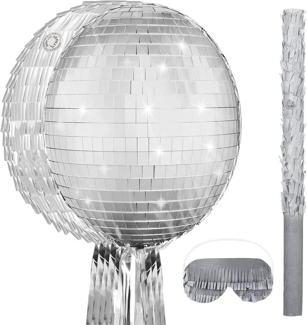 Aoriher Piata 12.6 x 12.6 x 3 Inch Disco Party Game Set Ball Piata Silver Foil 80s 90s Decoration with Stick Mask for Retro Theme Birthday Wedding Party Supplies(Silver,Disco Ball)