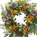 Svndlyn 22 Inch Spring Summer Wreath for Front Door,Sunflower and Daisy with Eucalyptus Leaves,Mixed Flower,Fairy Lights,Artificial Wreath for Front Door Spring Outdoor Home Decor Easter Decor