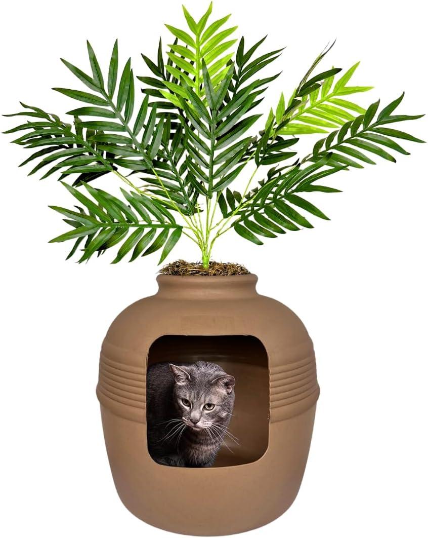 Good Pet Stuff Hidden Cat Litter Box Enclosure with Artificial Plant, Decorative Round Planter, Vented Carbon Charcoal Filter for Odor Control, Easy-to-Clean, Made in USA, Base Kit, Brown