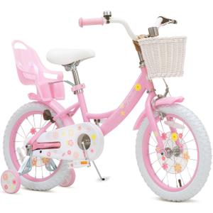 Bixike Girls Bike with Basket for Toddlers and Kids, Pink & White, 16 Inch With Doll Seat With Training Wheels & Doll Seat, 20 Inch with Kickstand & Rear Rack, Princess Style Bicycle for Gift.