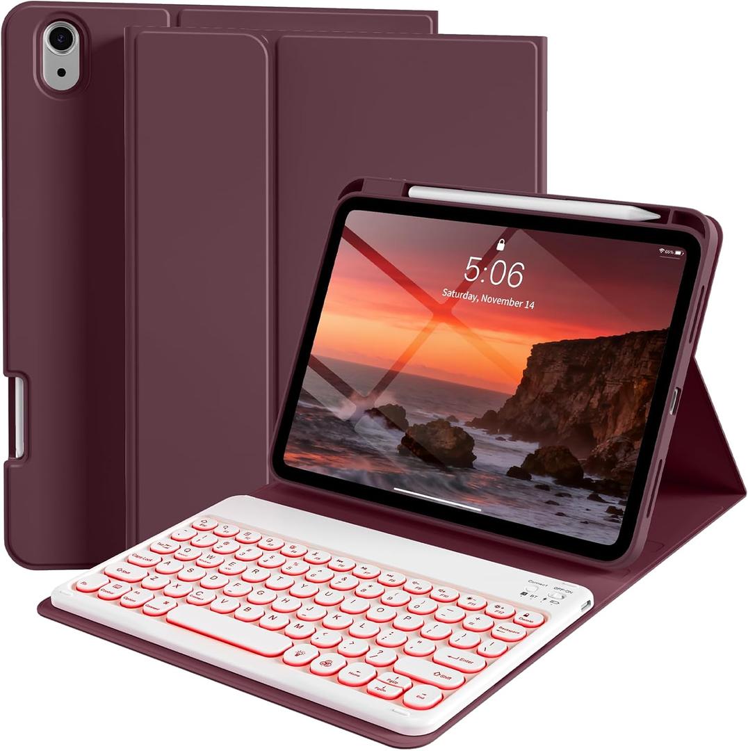 kenke for iPad 11/10th Gen Case with Keyboard 11/10.9 inch 2025 A16/2022, Detachable Wireless Bluetooth Keyboard Case with Right Side Pencil Holder, Backlit White Round Keycaps (Cherry)