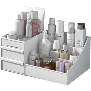 Makeup Desk Organizer with Drawers - Countertop Organizer for Cosmetics, Vanity Holder for Lipstick, Brushes, Lotions, Eyeshadow, Nail Polish and Jewelry (White)
