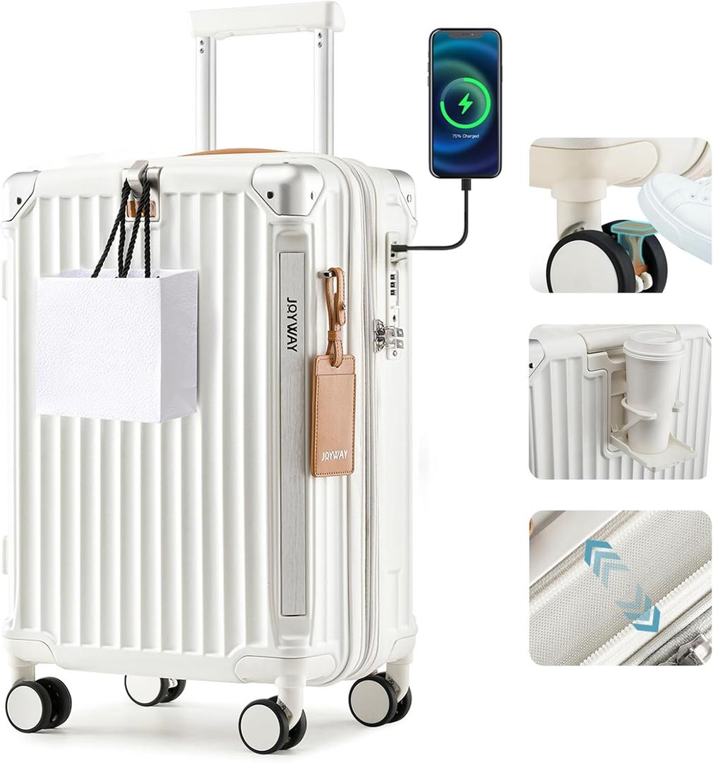 Joyway Carry On Luggage, Expandable Suitcase with Smart Cup Holder and USB Port, 20 IN Hardside Checked with TSA Lock Spinner Double Wheels, White