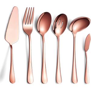 6-Piece Copper Serving Flatware Silverware Set,Stainless Steel Serving Utensil Set,Include Cake Server, Slotted Serving Spoon, Serving Spoon, Cold Meat Fork, Butter Knife, Soup Ladle
