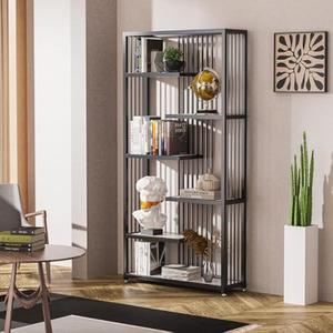 KINGBO 6-Shelf Display Shelf, 78" Tall Etagere Bookshelf, Staggered Bookcase Shelf with Metal Frame, Modern Open Curio Display Shelving Unit for Living Room Bedroom, Black