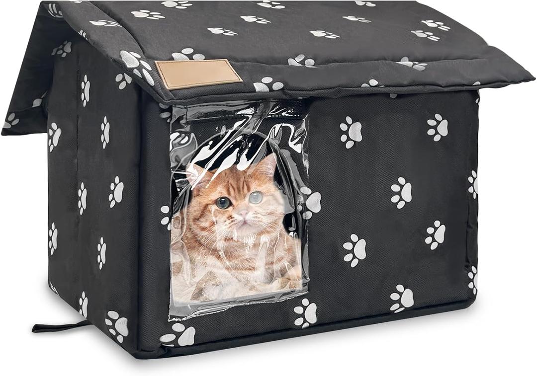 Fhiny Stray Cats Shelter, Waterproof Outdoor Cat House Foldable Warm Pet Cave for Winter Wild Animal Tent Bed Anti-Slip Kitten Cave for Feral Cat Dog Puppy Weatherproof Black (L: 17.7" x 15" x 16.5")