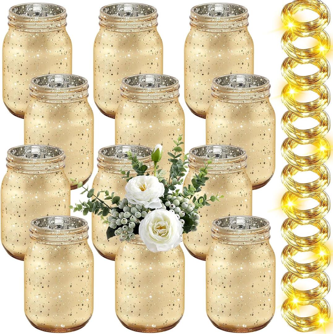 Tioncy 12 Pcs Painted Mason Jars for Table Glass Decorative Jars with 12 Light Strings for DIY, Wedding, Graduation, Bridal Shower, Housewarming, Home Decoration (Gold)