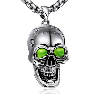 Skull Necklace for Men,Skeleton NecklacePunk Biker Pendant Necklace, Retro Gothic Jewelry Ully Closed Ghostly Fluorescent Green Eyed Skull,Viking Norse Runes Halloween Gifts for Man Boys