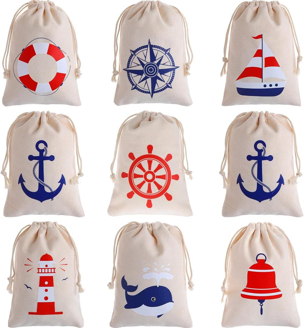 Shellwei 24 Pack Nautical Gift Bags Cotton Nautical Anchors Drawstring Bags Themed Favor Boat Goodie 7 x 5 inch for Boys Girls Birthday Wedding Beach Theme Parties Supplies Favors