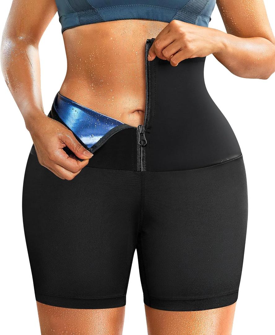 SCARBORO Sauna Sweat Shorts for Women Waist Trainer Leggings Workout Suit Compression Body Shaper Band (Large, Black Blue-inner Zipper)