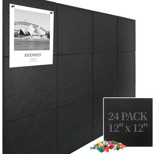 Large Cork Board Felt Wall Tiles 24 Pack, 70"x47" Felt Bulletin Board Pin Board with 48 Safe Removable Adhesive Tabs, 60 Push Pins, Alternative Cork Board for Walls Home Office, Black