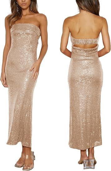 Women Strapless midi Sequin Dresses Bodycon Sleeveless Wedding Guest Sparkly Glitter Formal Cocktail Dress, Rose Gold Small