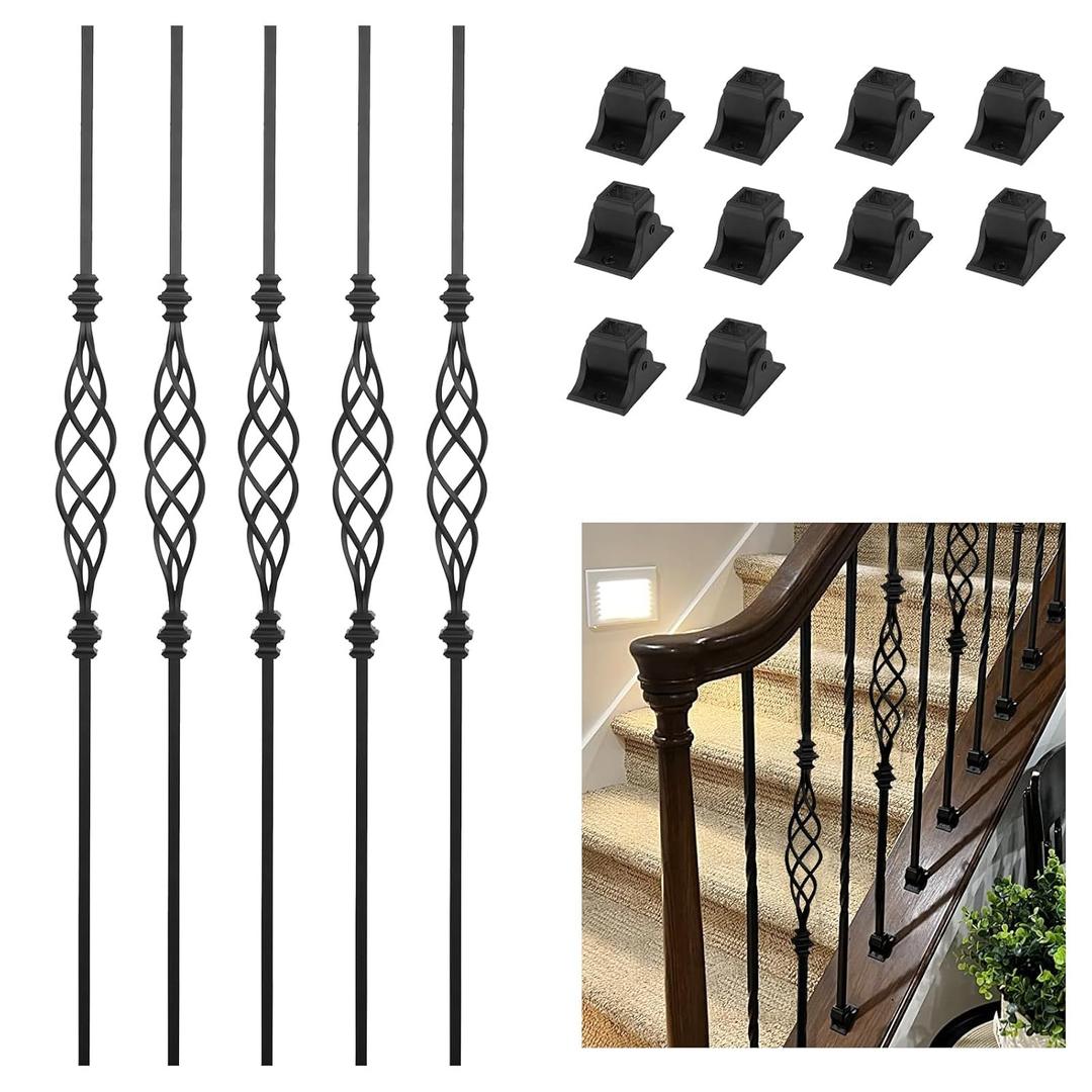 5-Pack Iron Stair Balusters for Staircase Interior, Hollow Big Basket Iron Spindles 1/2" Square Metal Balusters with Swivel Shoes
