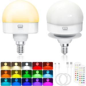 Cadrim 2 Packs E12 Rechargeable Led Bulb Dimmable, Candelabra Bulb,Magnetic E12 Smart Bulb Detachable with Remote and Timer, Battery Operated Backup for Lamps, 3 Color Temperatures +12 RGB Colors