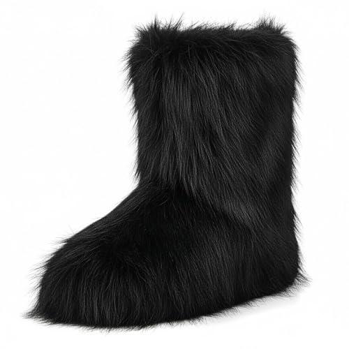 CEPEPRIN Women's Faux Fur Boots Furry Fuzzy Snow Boots Fluffy Winter Boot Warm Comfortable Mid-Calf Boot Outdoor Indoor Flat Shoes Size 8