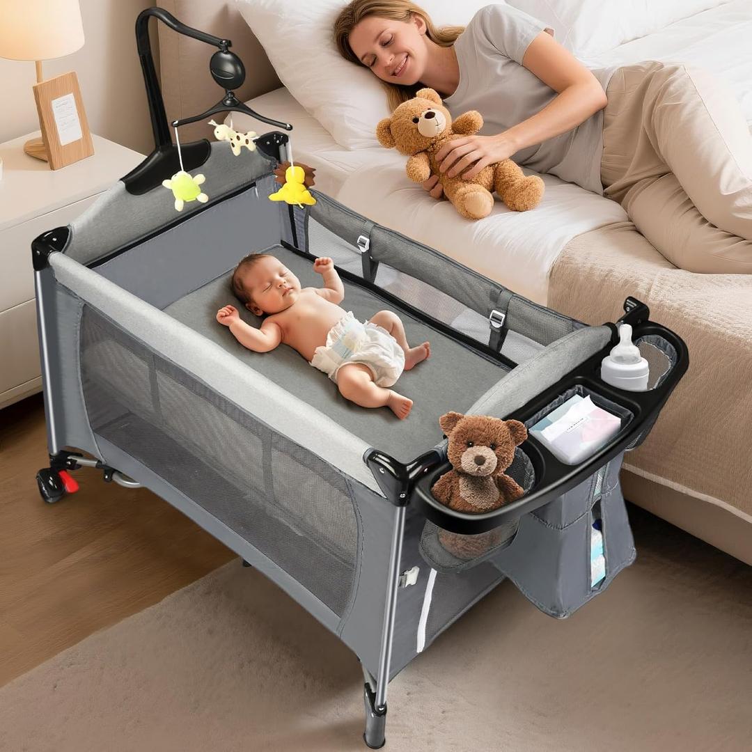 5 in 1 Pack and Play Baby Bassinet, Bedside Crib Sleeper, Portable Baby Crib with Diaper Changer, Storage Rack& Music Box Toy Bar, 1-Step Assembly Foldable Playard for Newborn to Toddlers 5 in 1 Pack and Play Baby Bassinet, Bedside Crib Sleeper, Portable Baby Crib with Diaper Changer, Storage Rack& Music Box Toy Bar, 1-Step Assembly Foldable Playard for Newborn to Toddlers