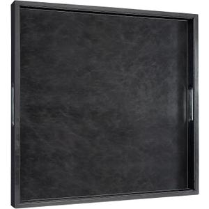 20 * 20 inches Leather Square Serving Tray with Hole Handles,High-End Light Large Service Tray for Ottoman Tray, Tea, Food, Butler - Countertop, Kitchen,Family Dinner, Picnic (Black)