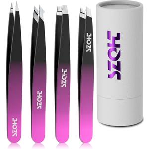 Professional Tweezers Set for Eyebrows  4PC Precision Stainless Steel Tweezers Kit with Slant, Pointed & Flat Tips  Eyebrow Hair Removal Tool for Women & Men  Eco-Friendly Paper Tube Packaging (Black-red)