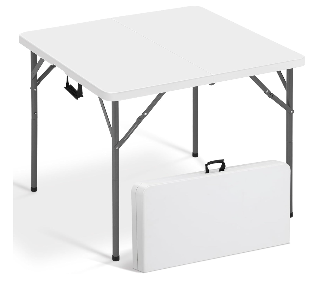 34" Square Folding Card Table Fold-in-Half Utility Dining Portable Table Heavy Duty HDPE with Carrying Handle, Plastic Tables for Camping,Picnic, Office, Party(White)