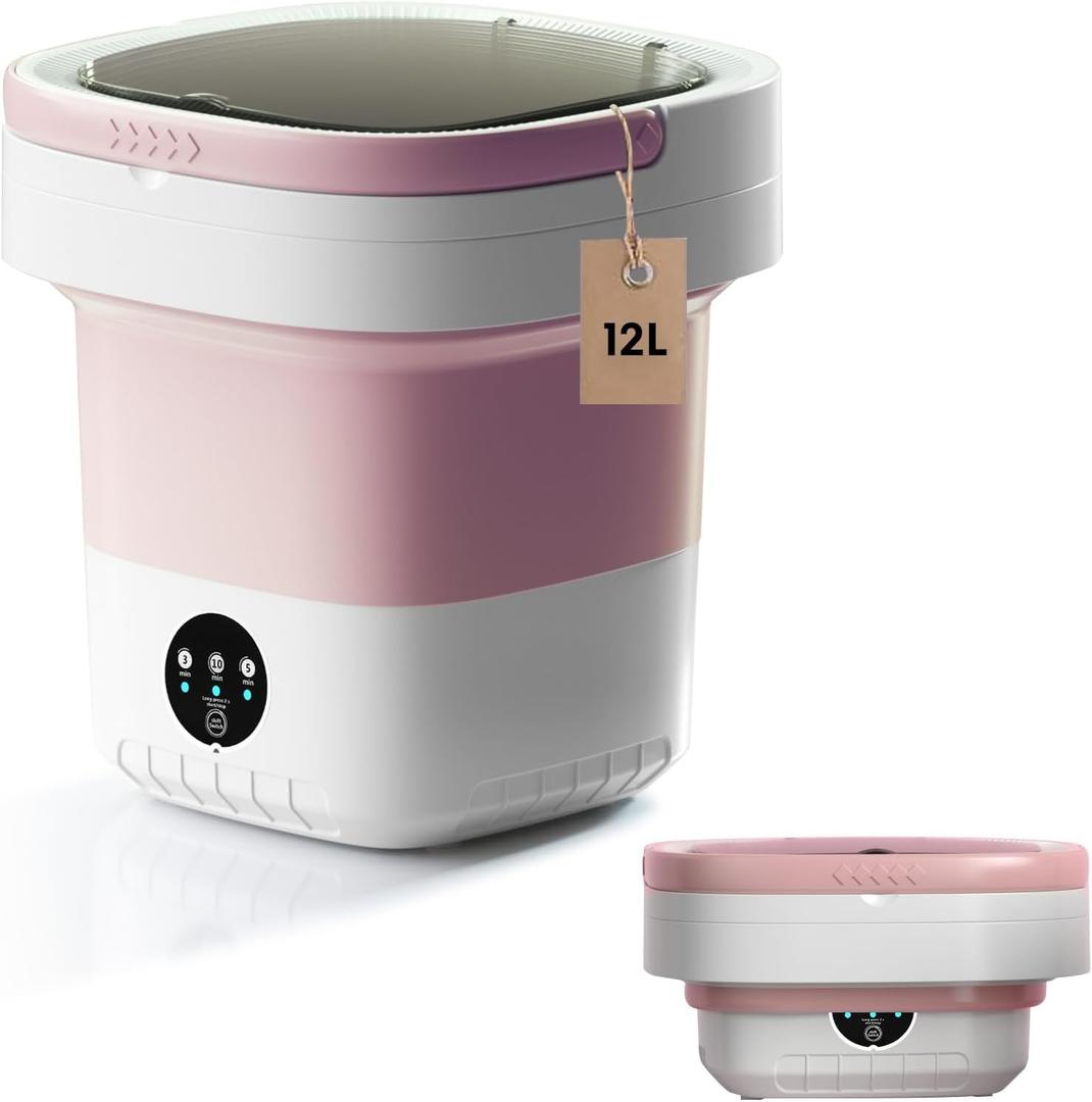 Portable Washing Machine, 12L Upgraded Mini Washing Machine, Suitable for Small Clothes, Foldable Laundry Machine, Ideal for Dorm, Home, Hotel, Camping and Travel (Pink, 12L)