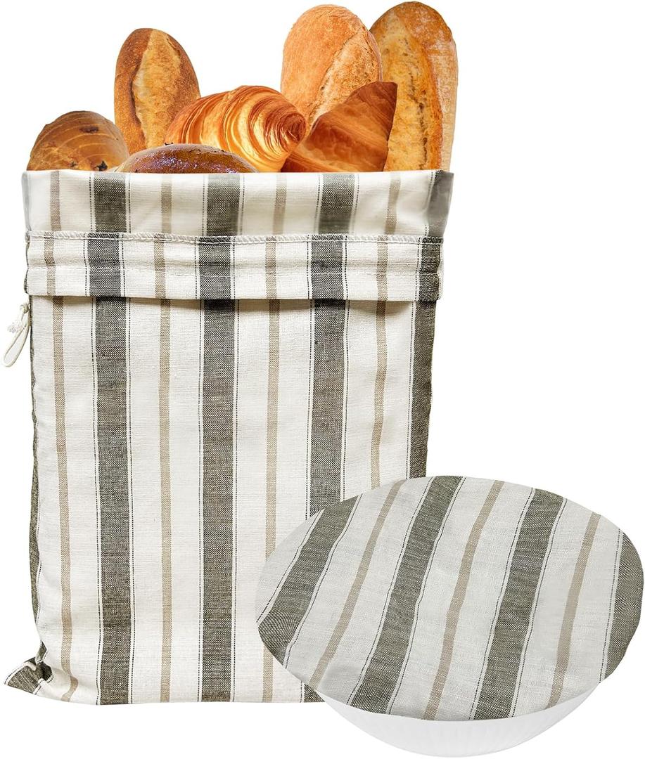 2 x Reusable Bread Bags for Homemade Bread with Proofing Bowl Cover Set, BPA-Free TPU Lining for Sourdough Loaf, Freezer Bread Storage Bag (Gray-green stripes)