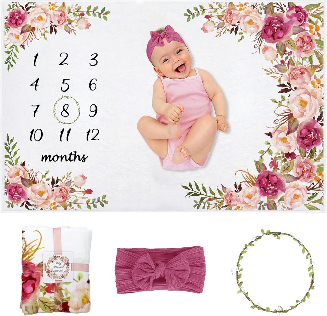 Baby Monthly Milestone Blanket Girl, Milestone Blanket for Baby Girl, Track Growth and Age, Newborn Shower Gifts for Mom, Includes Floral Wreath & Pink Bow Headband, 60" X 40"