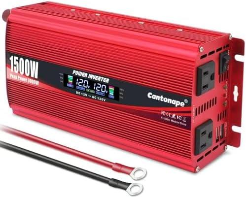 Cantonape 1500W Power Inverter 12V to 110V/120V Car Charger Converter with LCD Display, 3.1A Dual USB Ports 2 AC Outlets Car Adapter for RV, Truck, Solar, Off-Grid, Vehicle Red