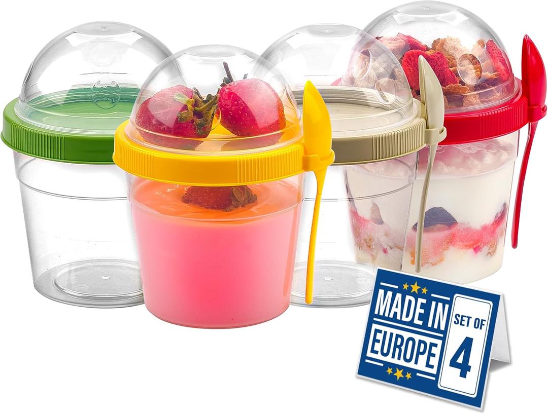 Crystalia 4 Pack 17 oz On The Go Yogurt Parfait Cups with Lids & Spoons - Breakfast Plastic Bowls with Topping -Cereal Oatmeal Salad or Fruit Container for Snack Box