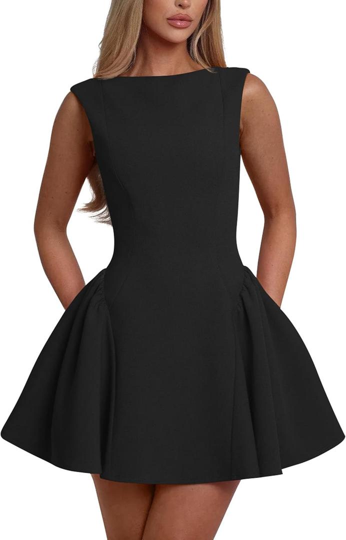 YMDUCH Women's Summer Sleeveless Crew Neck Backless A-line Mini Party Prom Dress (Black, M)