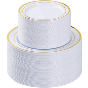 BESTVIP 200PCS Gold Plastic Plate, Disposable Party Plates with 100 Dinner Plates and 100 Dessert Plates, Plastic Plates for Party, Wedding and Birthday