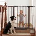 Mumeasy 36" Extra Tall Dog Gate, Auto Close Baby Gate for Stairs Doorways, 29.7-46" Wide Walk Thru Child Safety Gate for House, Easy Install Pressure Mounted Metal Pet Gate with Door, Brown