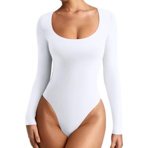 REORIA Women's Sexy Basic Scoop Neck Long Sleeve Double Lined Layering Slim Bodysuit Tops (White) S