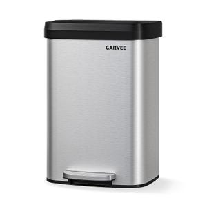 Garvee 13 gal / 50 L Stainless Steel Trash Can with Lid, Large Garbage Can for Kitchen, Rustproof Step-on Kitchen Metal Trash Bin with Liner Rim, Rear Handle, Soft Close Plastic Lid, Silver