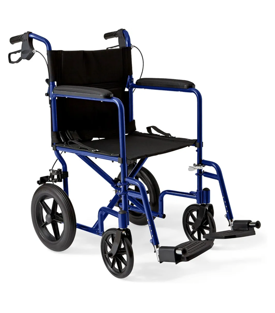 Medline Lightweight Foldable Transport Wheelchair with Handbrakes and 12-Inch Wheels, Blue Frame, Black Upholstery