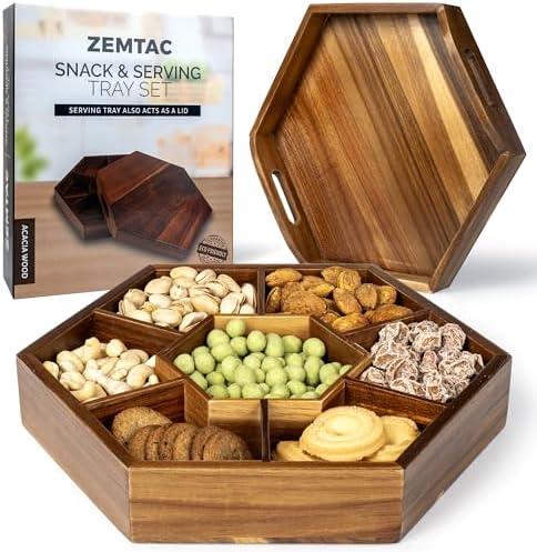 Snack Tray with Lid That Doubles as a Serving Tray - 13"x11" Acacia Wood Decorative Tray with 7 Compartments for Dry Fruits & Nuts, Hexagon Coffee Table or Ottoman Tray with Handles for Living Room