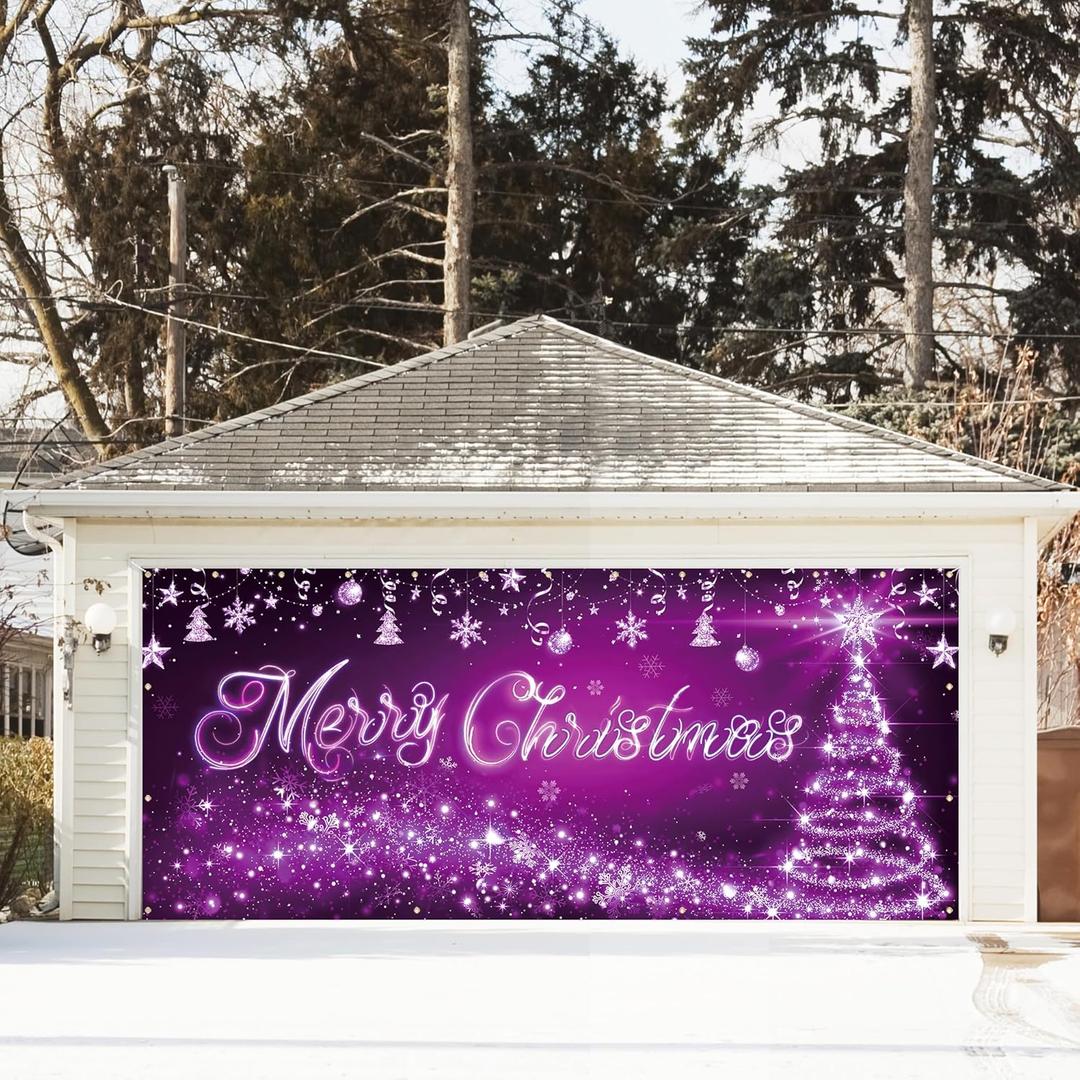 DARUNAXY Purple Christmas Garage Door Decorations, 16X7ft Creative Merry Christmas Garage Door Banner Backdrop Happy Holidays Mural Background for Xmas Eve Happy New Year