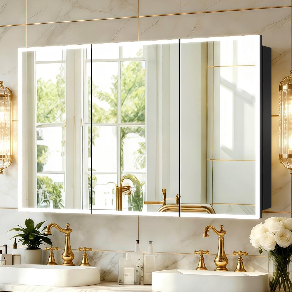 LED Medicine Cabinet,48x32inch,Recess Mirror Cabinet for Bathroom,3 Color,Dimmable,Demister, Detachable Side Panel for Recess Mount or Surface Mount,USB Shaver Socket, Internal Lighting (Black)