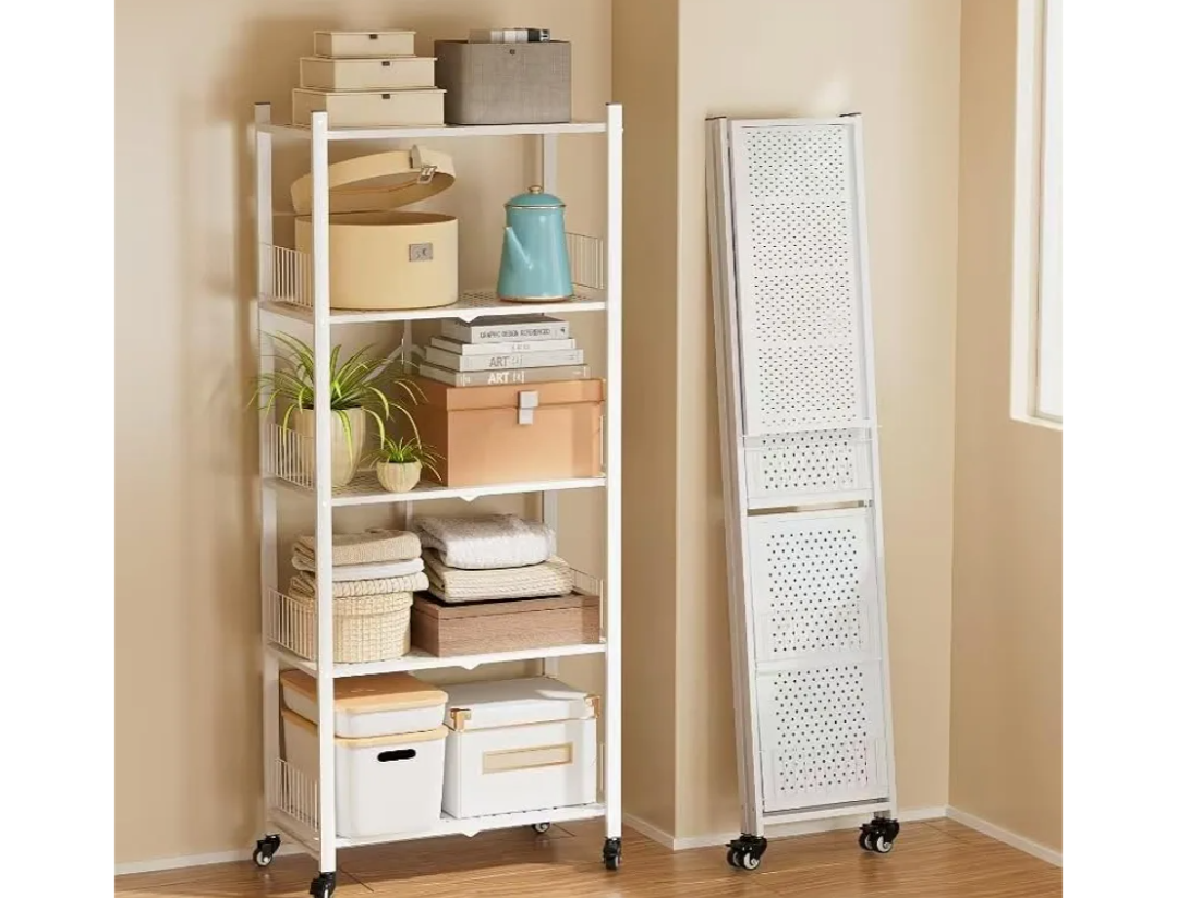 5-tier Folding shelves , Heavy Duty Metal Foldable Collapsible Shelf Shelving Rack Organizer On Rolling Wheels in Kitchen Closet Gym Pantry Basement No Assembly 1100 LBS Capacity (White, 5-Layer)