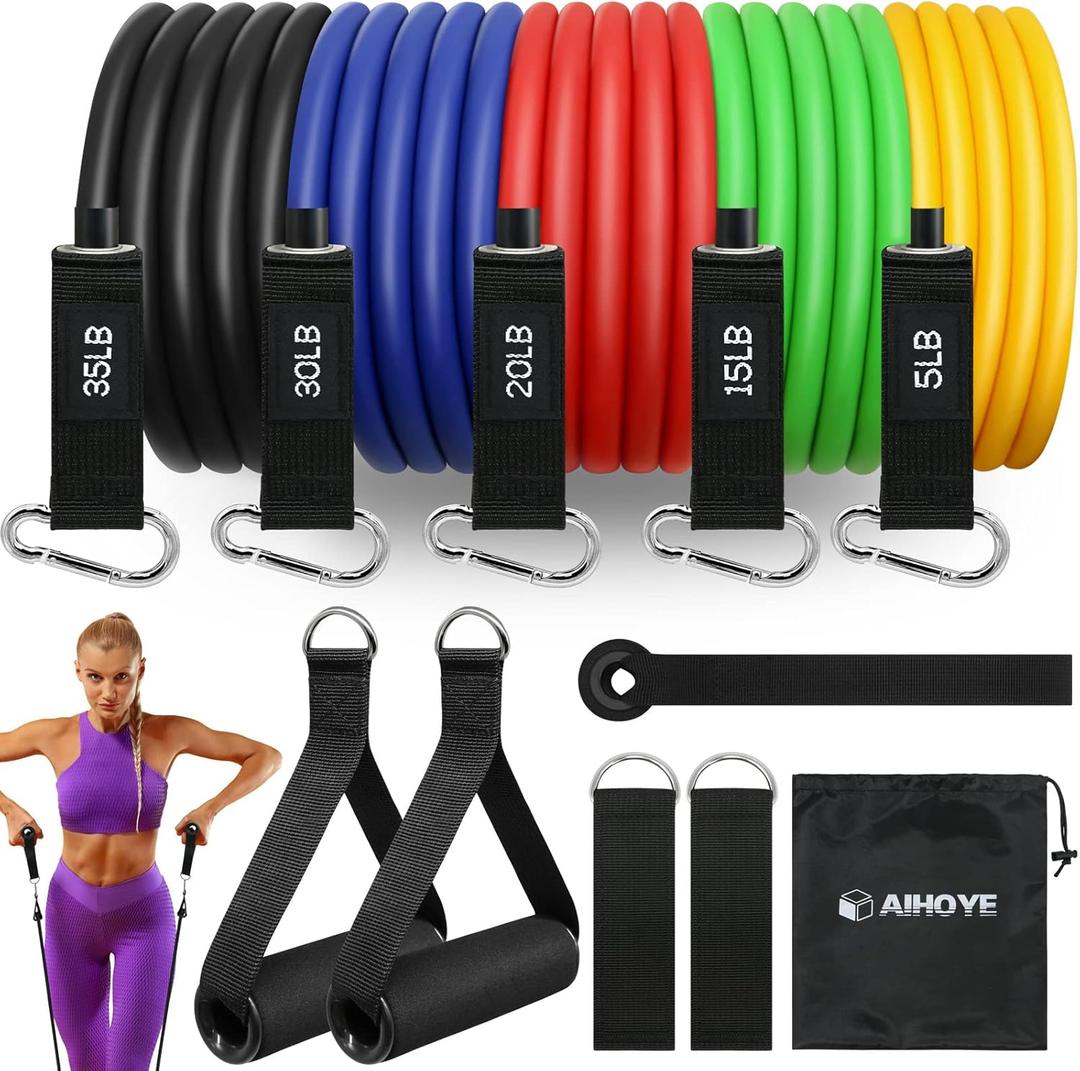 Aihoye Resistance Bands for Working Out, Exercise Bands with Handles, Stretch Bands for Exercise, Workout Bands with Door Anchors for Physical Therapy & Strength Training (5-105LB Set (11 Pcs))