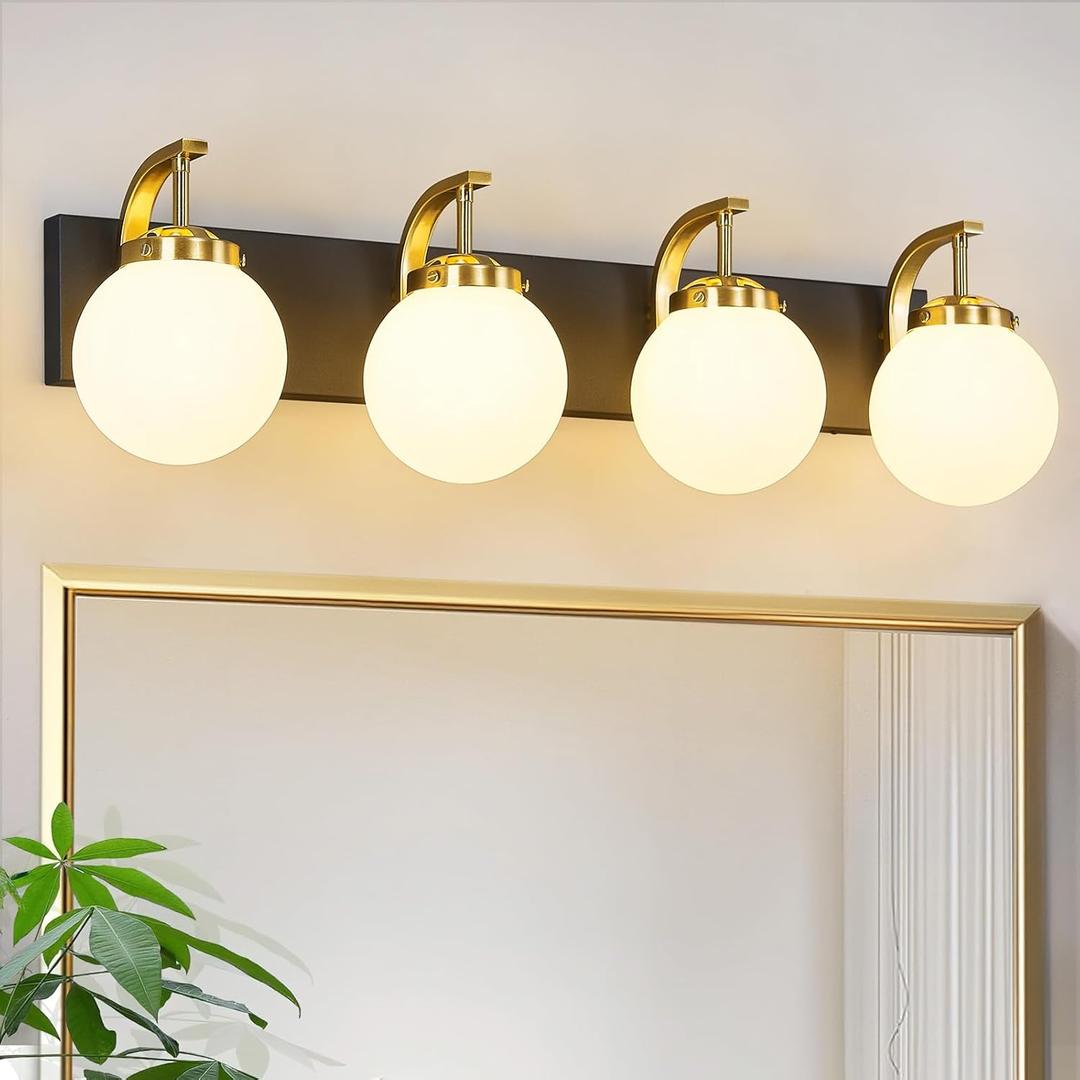 FDPBY 4-Light Bathroom Vanity Light Fixtures Sand Black Gold Vanity Lights Over Mirror Modern Wall Sconce with Milk White Glass Globe Lampshade for Lving Room Dining Room Corridor Powder Room