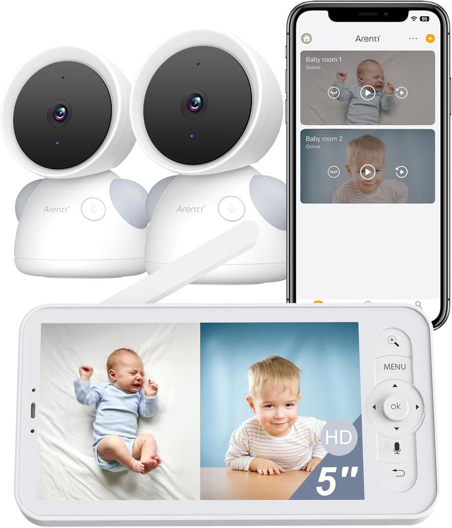 ARENTI Baby Monitor with 2 Cameras, 2K/3MP WiFi 6 Camera and Audio, 5-inch Wireless Screen, Smartphone App, Super Night Vision, Crying Detection, Auto Tracking, Temp&Humidity Sensor (D3 Set)