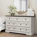 VVFLU Farmhouse 7 Drawer Dresser for Bedroom, 54" Wide Wooden Dresser with Natural Texture & Vintage Metal Knobs, Large Chest of Drawers for Bedroom, Living Room, Hallway, Antique White