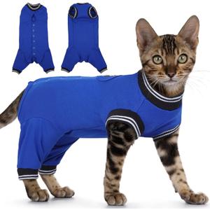 PUMYPOREITY Cat Recovery Suit for Hind Legs, Cat Surgical Spay Suit with Leg Sleeves to Stop Licking, Long Rear Sleeve Wound Cover Abdomen Kitten Onesie, Blue, S