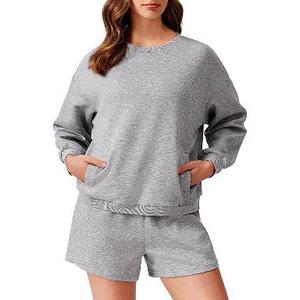 PINSPARK Two Piece Sets for Women 2024 Fall Outfits Sweatsuit 4 Pockets Sweat Short Sets Casual Matching Set Travel Tracksuit, L