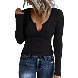 AKEWEI Women's Soft V Neck Ribbed Knit Shirts Basic Long Sleeve Tops Comfortable Long Sleeve Shirts Tunic Blouse Clothes (Medium, A1_black)