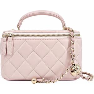 Small Genuine Leather Purse Quilted Crossbody Bag for Women, Mini Top-Handle Shoulder Handbag w/Gold Chain Strap