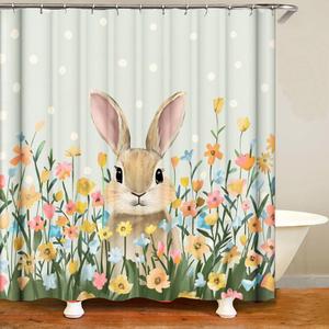 Easter Shower Curtain Rabbit Floral Shower Curtain Bathroom Decor Waterproof Fabric 72 x 72 Inches with 12 Hooks