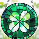 Stained Glass Window Hanging, Green Four Leaf Clover Suncatcher 7.8 in Sun Catcher Boho Wall Art Decor with Chain Diamond Glass Panel Hangings Scenery Sun Catchers Decor for Lover Couple Mom